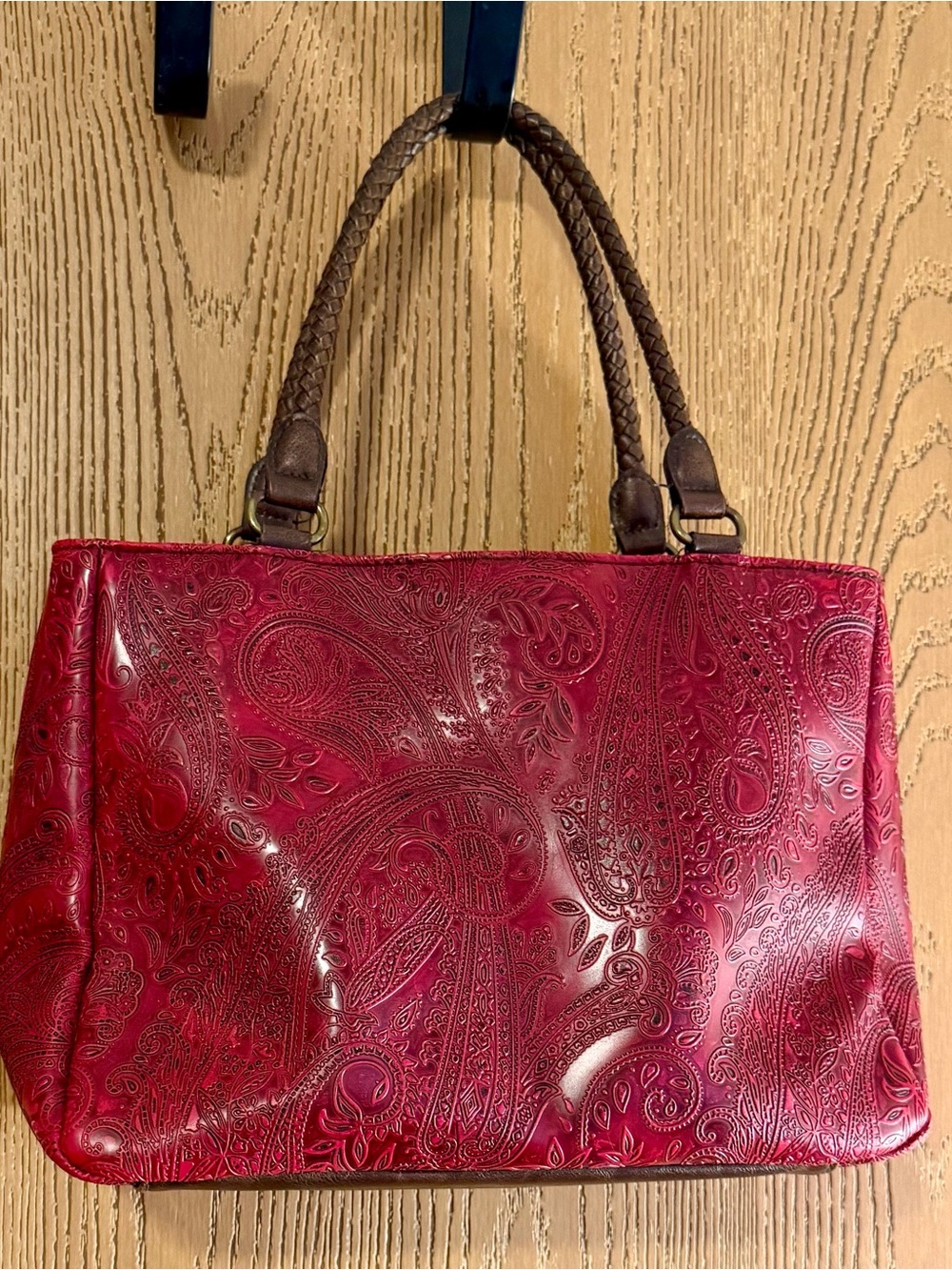 Relic Red Embossed Paisley Tote Handbag with Braided Handles